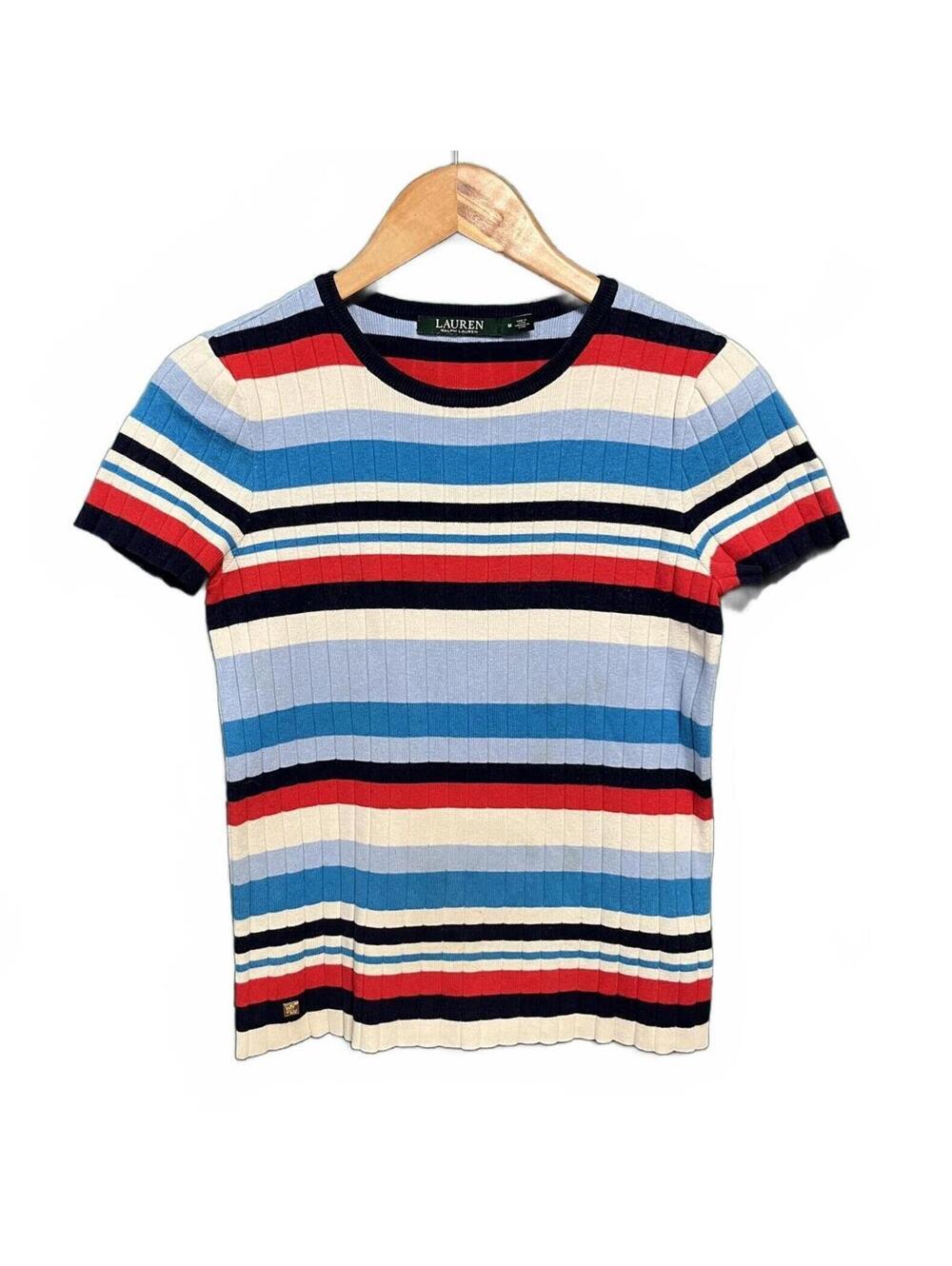 Lauren Ralph Lauren Striped Ribbed Short Sleeve Sweater Top Size M Retro 90s